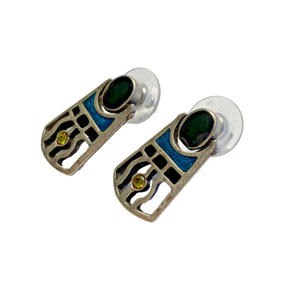 Chico's Chic Pierced Earrings Boho Artisan Stylized Black & Teal Enamel Accents - Picture 2 of 5